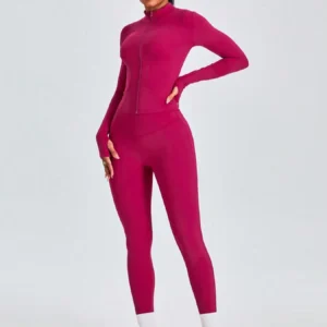 fitfemme two piece set women's solid zip upmock neck sports jacket & highwaist leggings set, sportybreathable quick drying