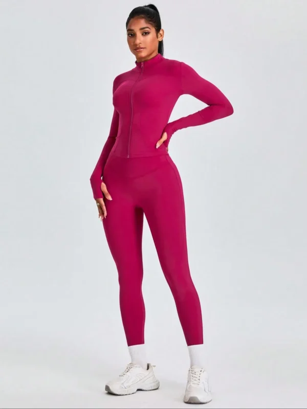 fitfemme two piece set women's solid zip upmock neck sports jacket & highwaist leggings set, sportybreathable quick drying