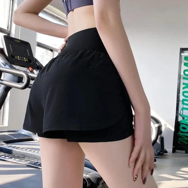 gym sport shorts women elastic high waist short pants with pockets fake two pieces yoga leggings running training shorts