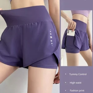 gym sport shorts women elastic high waist short pants with pockets fake two pieces yoga leggings running training shorts