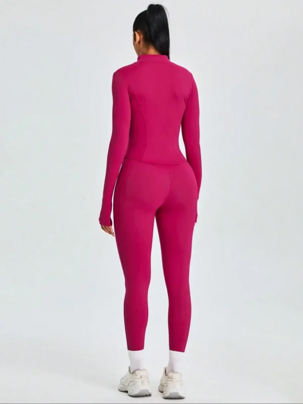 fitfemme two piece set women's solid zip upmock neck sports jacket & highwaist leggings set, sportybreathable quick drying